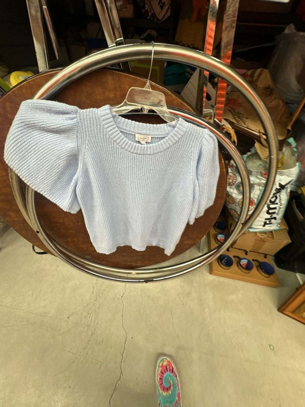 Mud Pie Women's Light Blue Puff Short Sleeve Knit Sweater